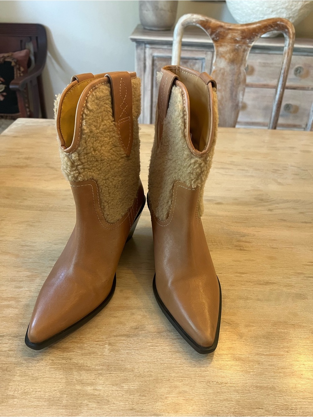 Free People Tan Leather & Cream Shearling Mid-Calf Heeled Boots